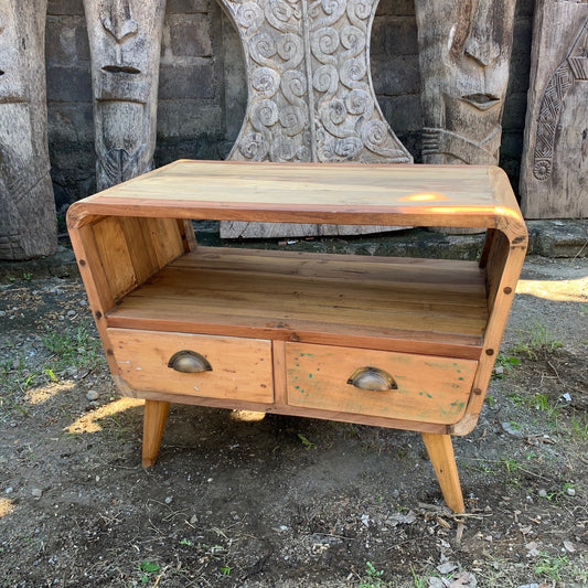 Small TV Stand with 2 Draws Round - Recycled Teak Wood