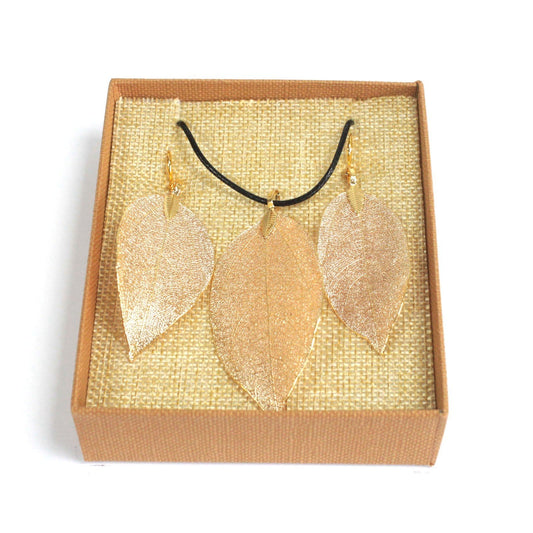 Necklace & Earring Set - Bravery Leaf - Gold - ShopGreenToday