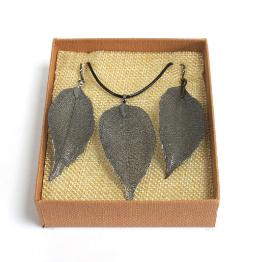 Necklace & Earring Set - Bravery Leaf - Pewter - ShopGreenToday